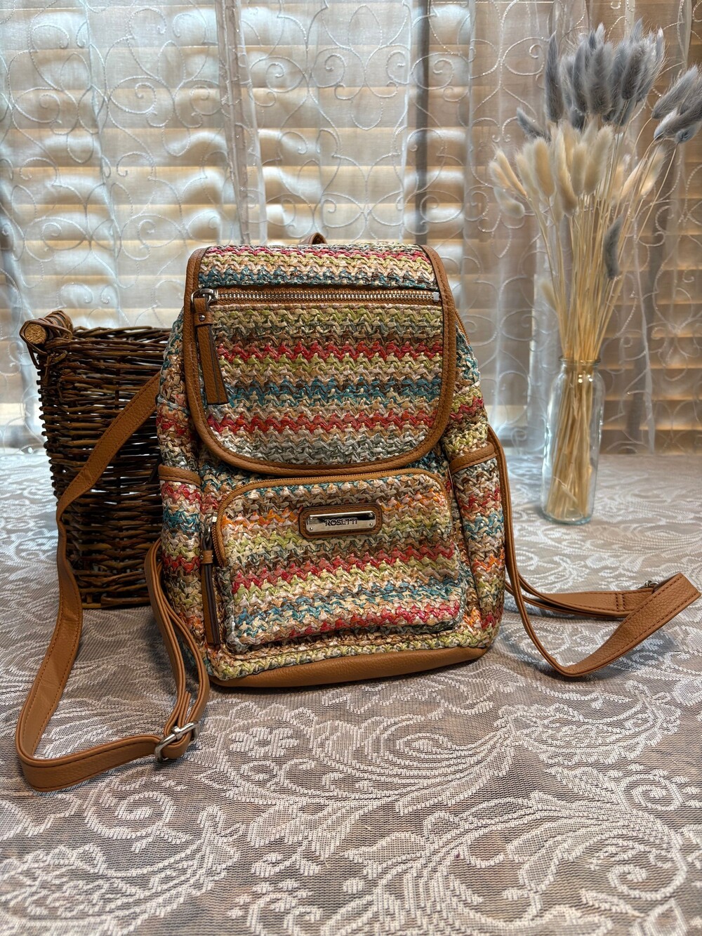Rosetti Multicolor Woven Backpack with Tan Faux Leather Trim and Adjustable Stra